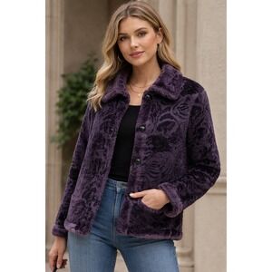 Lina Dress Faux Fur Floral Burnout Jacket Purple Velvet Velour Coat Size LG